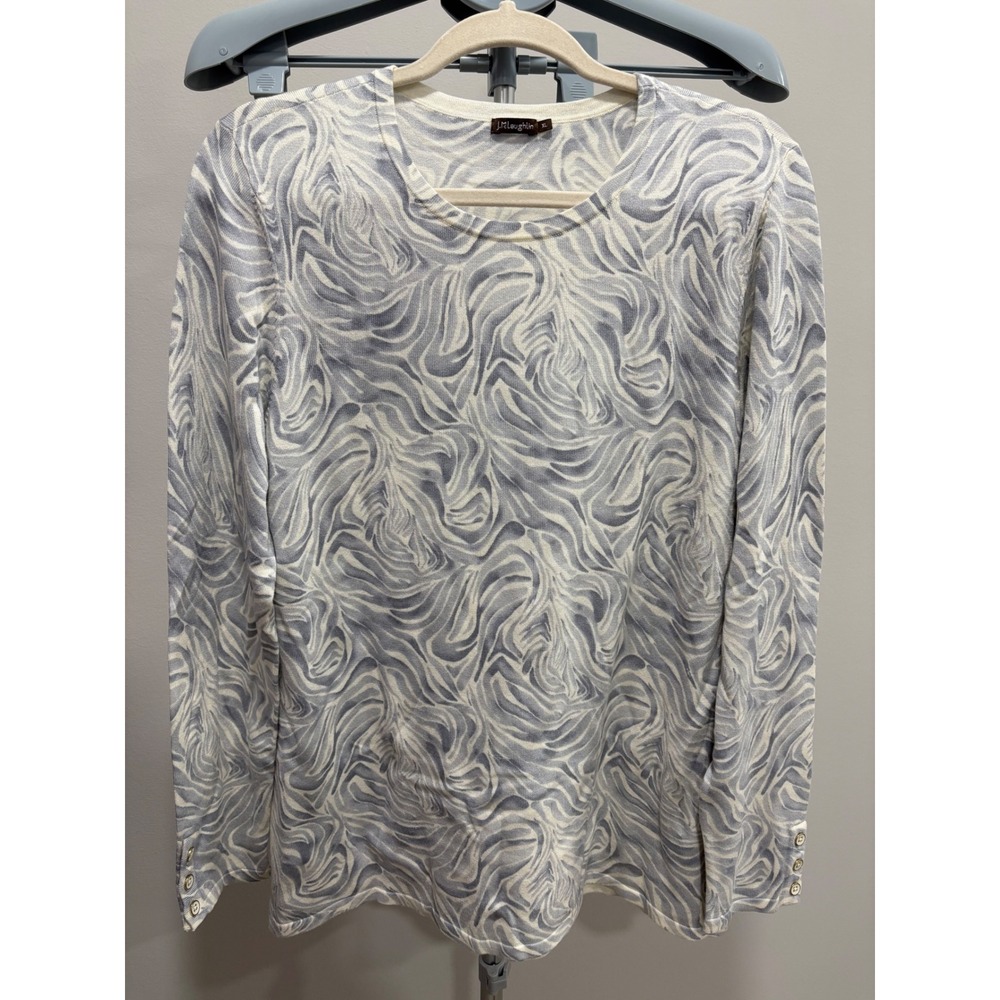 J Mclaughlin Lenny Sweater Abstract Marble XL Blue Grey White Long Sleeve